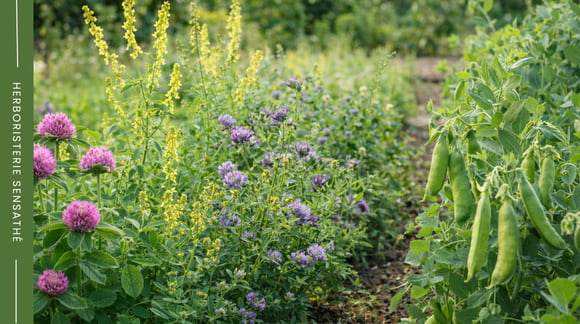 Plantes de la famille des Fabacées au jardin avec trèfle rouge, mélilot, luzerne et légumineuses en culture - Herboristerie Sensathé